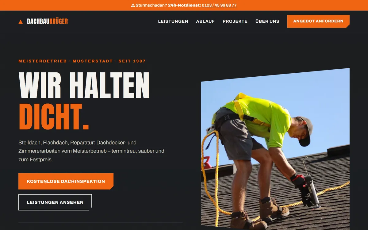Desktop-Ansicht der Demo-Website Dachbau Krüger