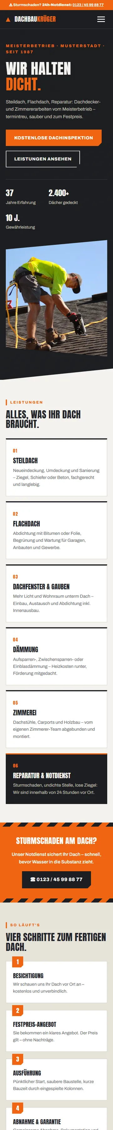 Mobile Komplettansicht der Demo-Website Dachbau Krüger