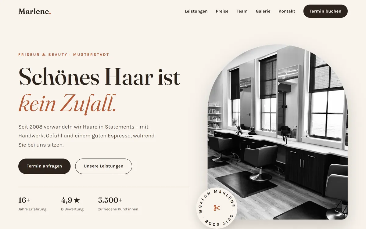 Desktop-Ansicht der Demo-Website Salon Marlene