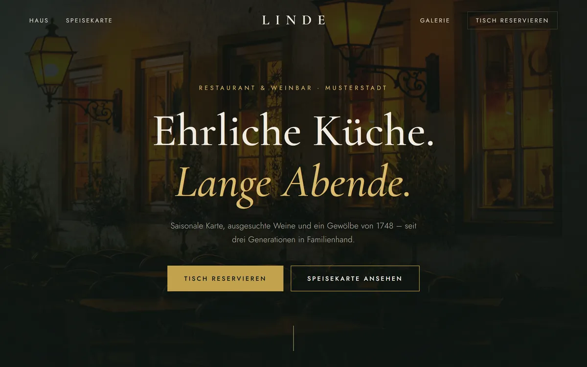 Desktop-Ansicht der Demo-Website LINDE Restaurant