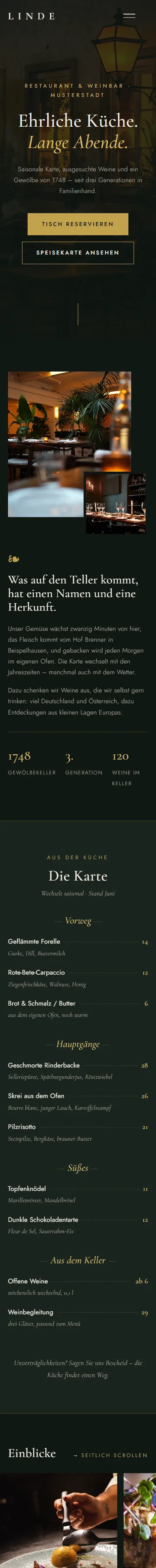 Mobile Komplettansicht der Demo-Website LINDE Restaurant
